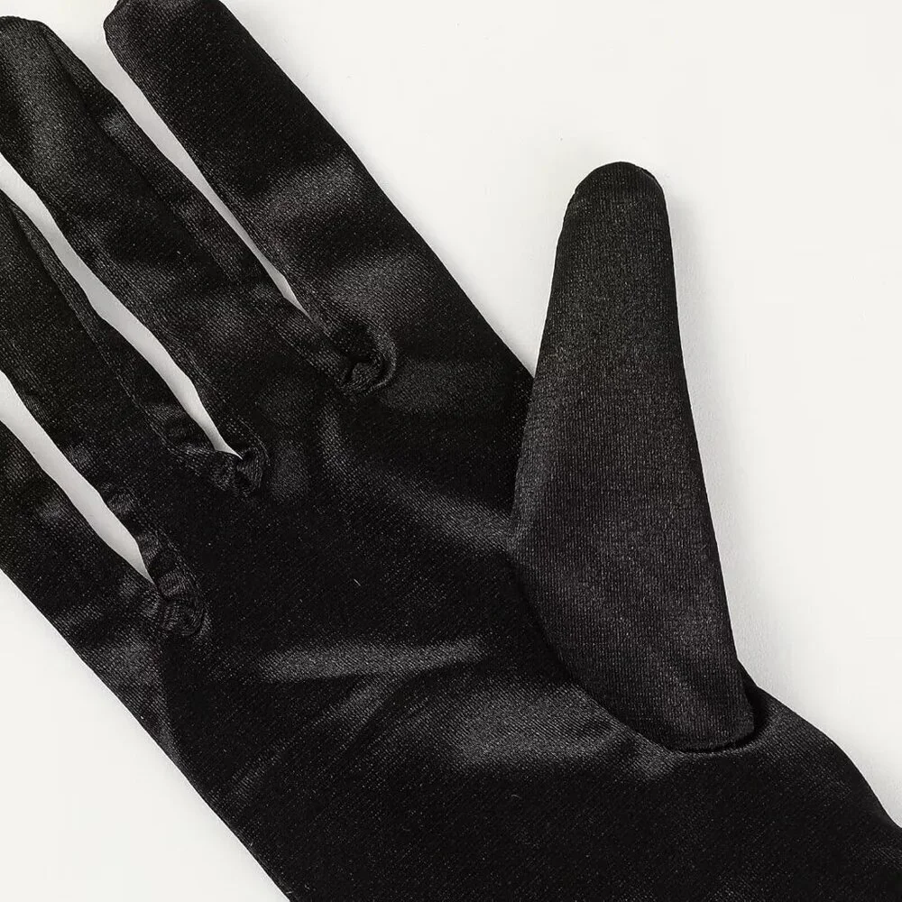 Women's Black Satin Pearl Short Length Wrist Gloves Wedding Banquet Party Prom